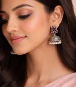 Pink stone oxidized jhumka earrings | silver boho pearl drop jhumki