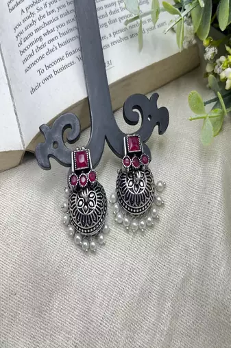 Pink stone oxidized jhumka earrings | silver boho pearl drop jhumki