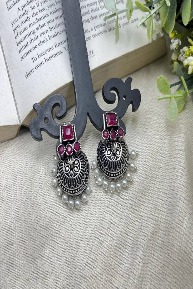 Pink stone oxidized jhumka earrings | silver boho pearl drop jhumki