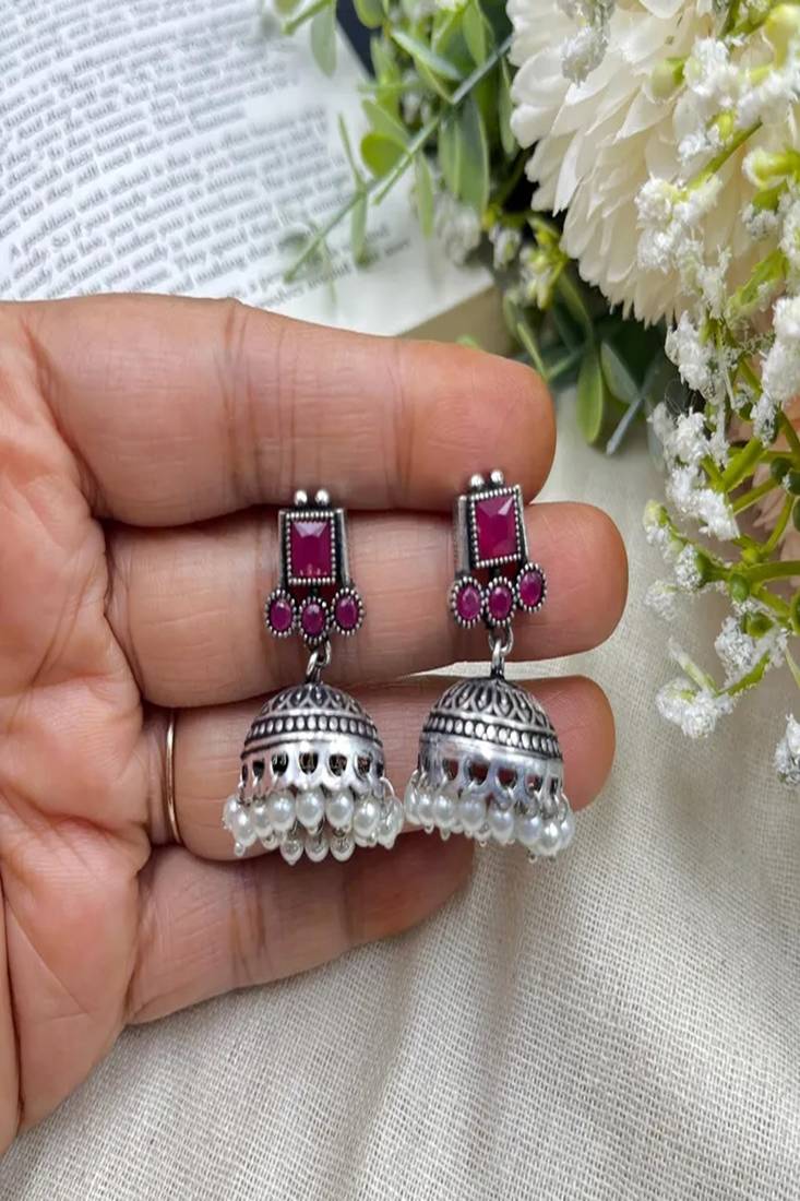 Pink stone oxidized jhumka earrings | silver boho pearl drop jhumki