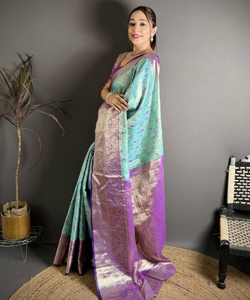 blue kanjeevaram silk blend zari woven saree with unstitched blouse piece.