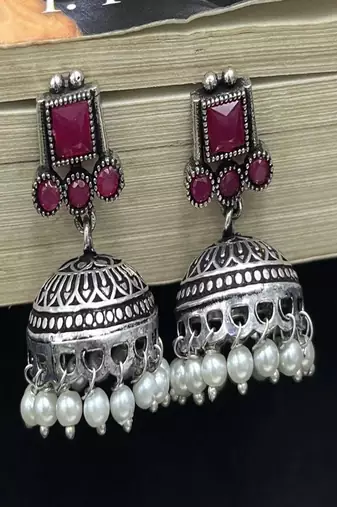 Pink stone oxidized jhumka earrings | silver boho pearl drop jhumki