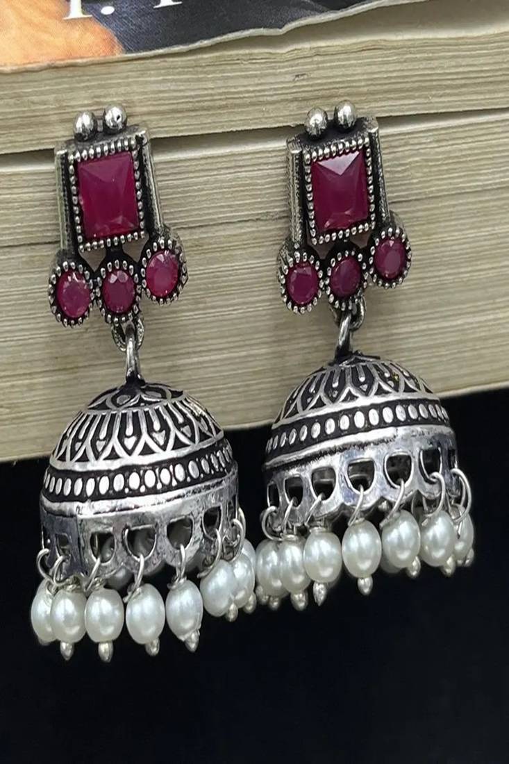 Pink stone oxidized jhumka earrings | silver boho pearl drop jhumki