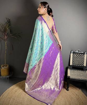 blue kanjeevaram silk blend zari woven saree with unstitched blouse piece. 4