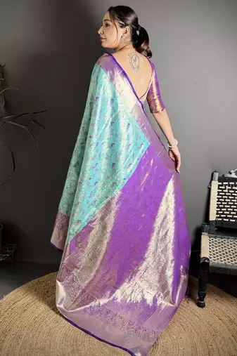 blue kanjeevaram silk blend zari woven saree with unstitched blouse piece.