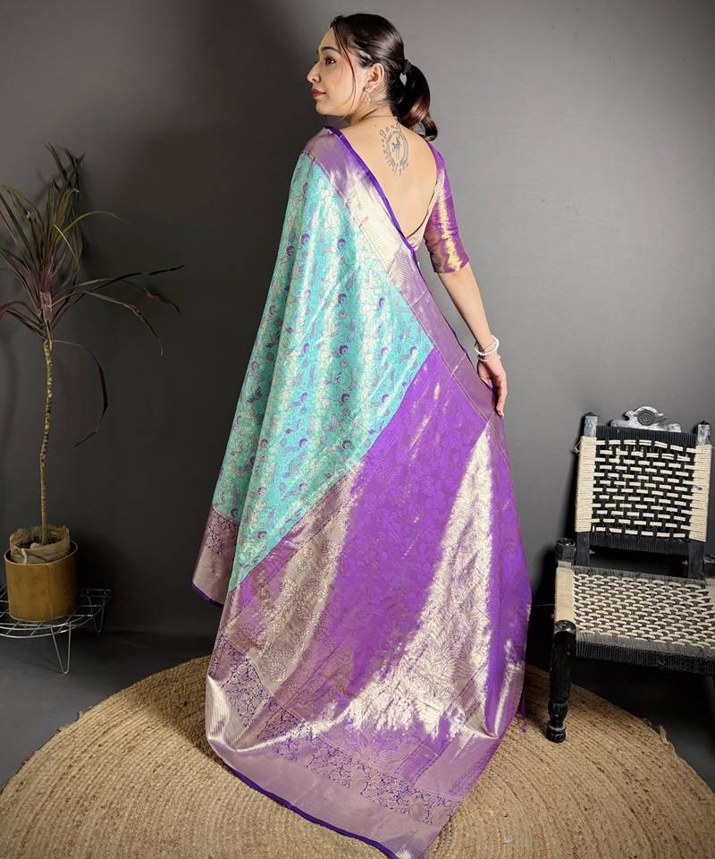 blue kanjeevaram silk blend zari woven saree with unstitched blouse piece.