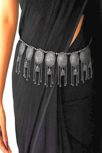 Oxidized silver coin kamarbandh: boho tribal tassel belly chain