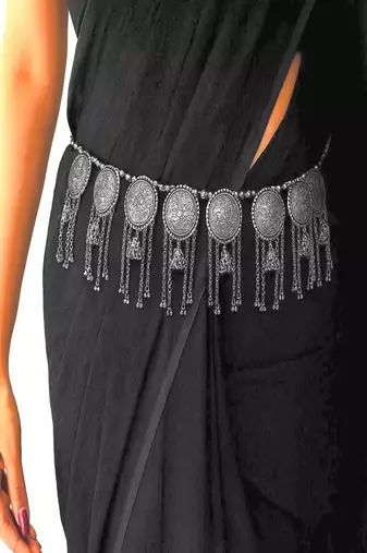 Oxidized silver coin kamarbandh: boho tribal tassel belly chain