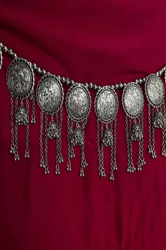 Oxidized silver coin kamarbandh: boho tribal tassel belly chain