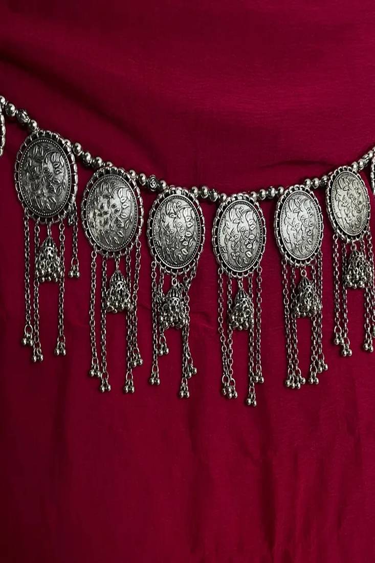 Oxidized silver coin kamarbandh: boho tribal tassel belly chain