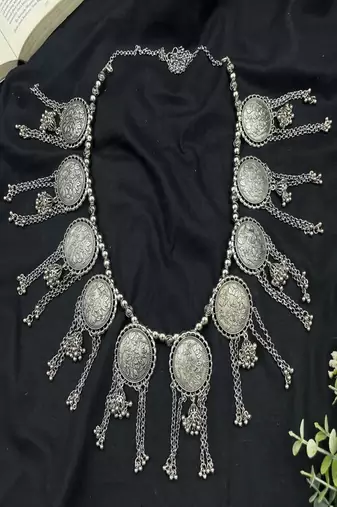 Oxidized silver coin kamarbandh: boho tribal tassel belly chain