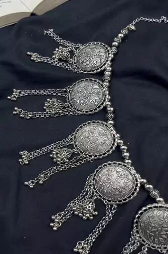 Oxidized silver coin kamarbandh: boho tribal tassel belly chain