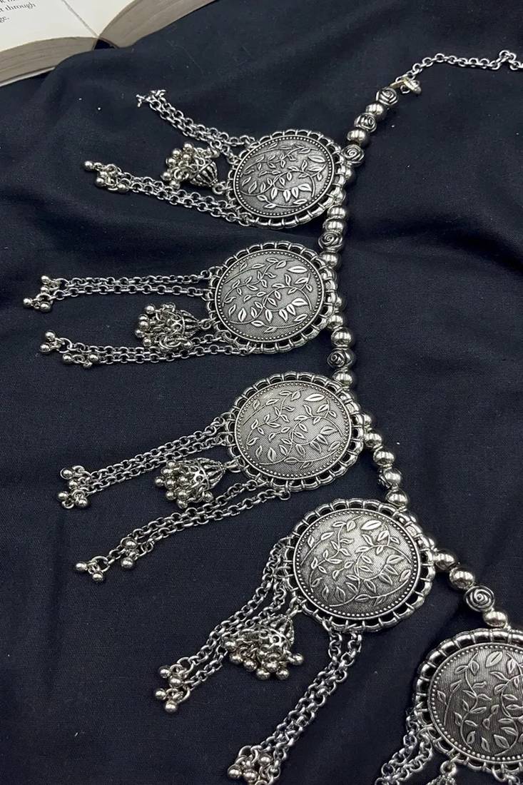 Oxidized silver coin kamarbandh: boho tribal tassel belly chain