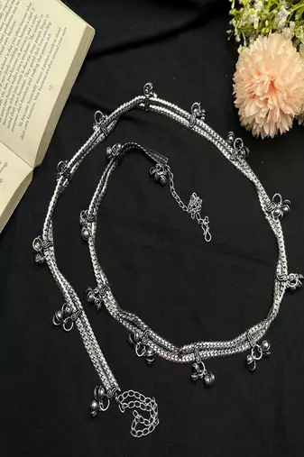 Oxidized silver boho belly chain | tribal waist jewelry with bells