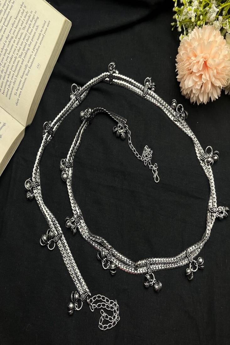 Oxidized silver boho belly chain | tribal waist jewelry with bells