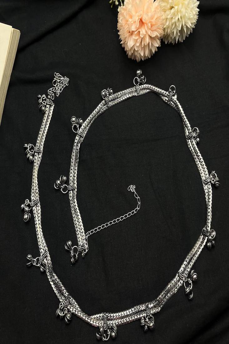 Oxidized silver boho belly chain | tribal waist jewelry with bells