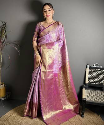 lavender kanjeevaram silk blend zari woven saree with unstitched blouse piece. 2