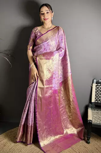 lavender kanjeevaram silk blend zari woven saree with unstitched blouse piece.