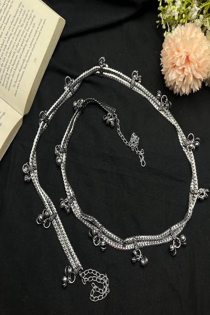 Oxidized silver boho belly chain | tribal waist jewelry with bells