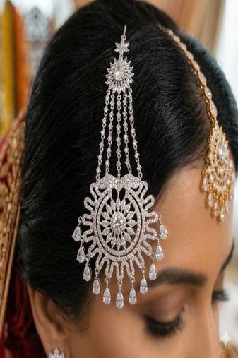 Silver-finished bridal passa  zircon studded jhumar hair jewelry for weddings