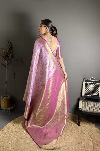 lavender kanjeevaram silk blend zari woven saree with unstitched blouse piece.