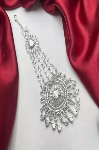 Silver-finished bridal passa  zircon studded jhumar hair jewelry for weddings