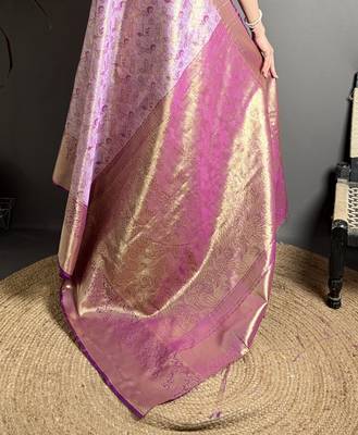 lavender kanjeevaram silk blend zari woven saree with unstitched blouse piece. 5