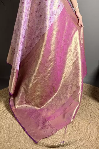 lavender kanjeevaram silk blend zari woven saree with unstitched blouse piece.