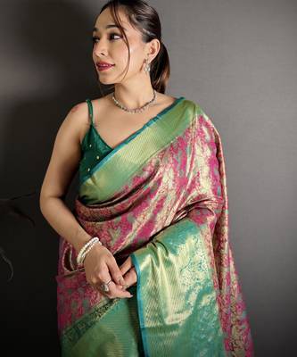 rust kanjeevaram silk blend zari woven saree with unstitched blouse piece. 1