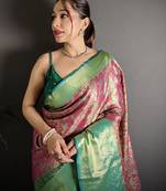 rust kanjeevaram silk blend zari woven saree with unstitched blouse piece.
