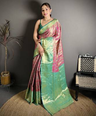 rust kanjeevaram silk blend zari woven saree with unstitched blouse piece. 2