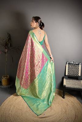 rust kanjeevaram silk blend zari woven saree with unstitched blouse piece. 4