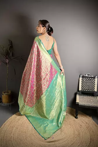 rust kanjeevaram silk blend zari woven saree with unstitched blouse piece.