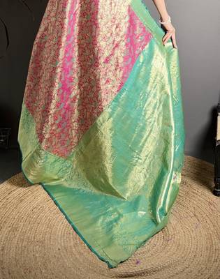 rust kanjeevaram silk blend zari woven saree with unstitched blouse piece. 5