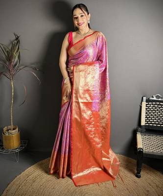 pink kanjeevaram silk blend zari woven saree with unstitched blouse piece. 2