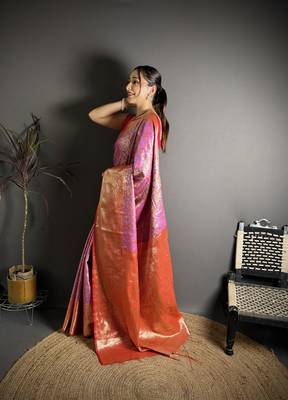 pink kanjeevaram silk blend zari woven saree with unstitched blouse piece. 3
