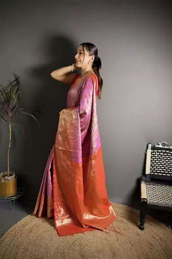 pink kanjeevaram silk blend zari woven saree with unstitched blouse piece.