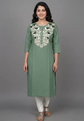 Sage green leaf embroidered kurti set 1