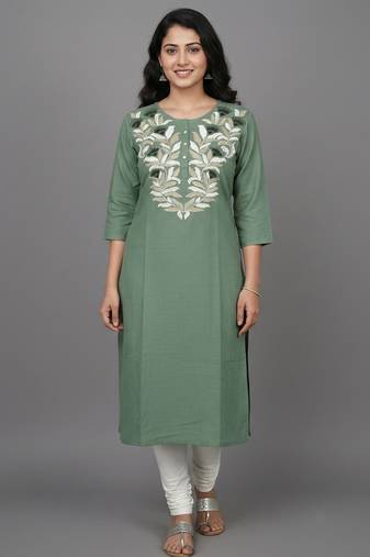 Sage green leaf embroidered kurti set