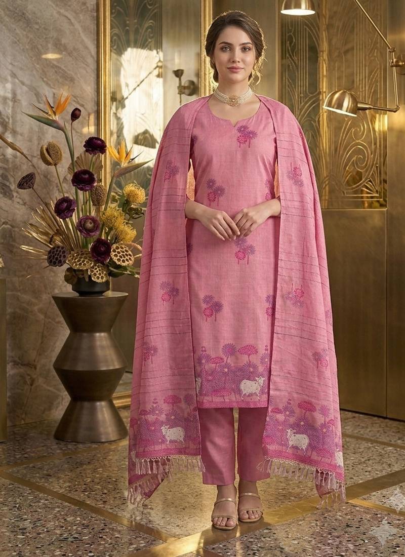 Pink handwoven jamdani cotton suit