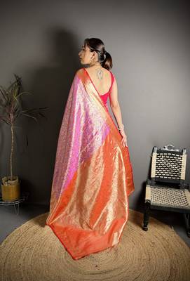 pink kanjeevaram silk blend zari woven saree with unstitched blouse piece. 4