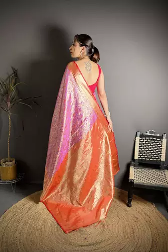 pink kanjeevaram silk blend zari woven saree with unstitched blouse piece.