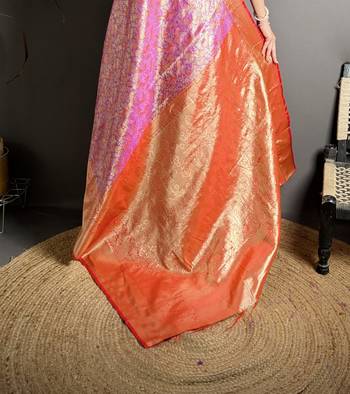 pink kanjeevaram silk blend zari woven saree with unstitched blouse piece. 5