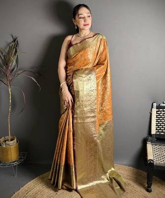 orange kanjeevaram silk blend zari woven saree with unstitched blouse piece. 2