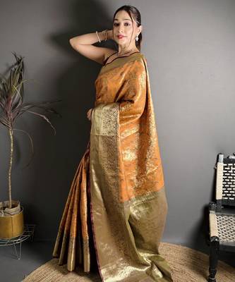 orange kanjeevaram silk blend zari woven saree with unstitched blouse piece. 3
