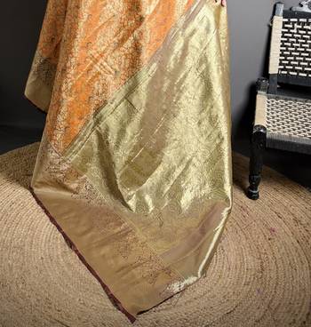 orange kanjeevaram silk blend zari woven saree with unstitched blouse piece. 5