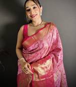 rani kanjeevaram silk blend zari woven saree with unstitched blouse piece.
