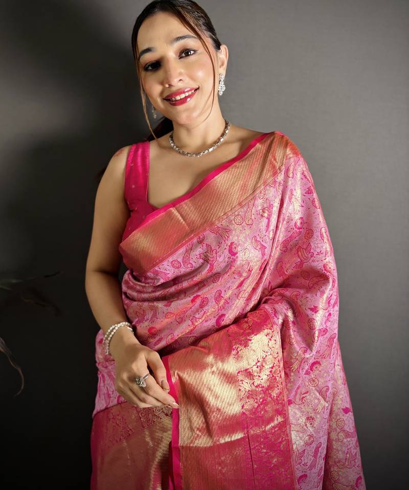 rani kanjeevaram silk blend zari woven saree with unstitched blouse piece.