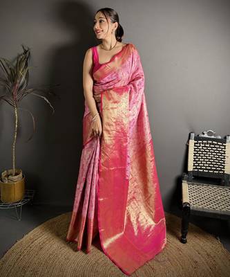 rani kanjeevaram silk blend zari woven saree with unstitched blouse piece. 2