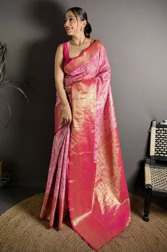 rani kanjeevaram silk blend zari woven saree with unstitched blouse piece.